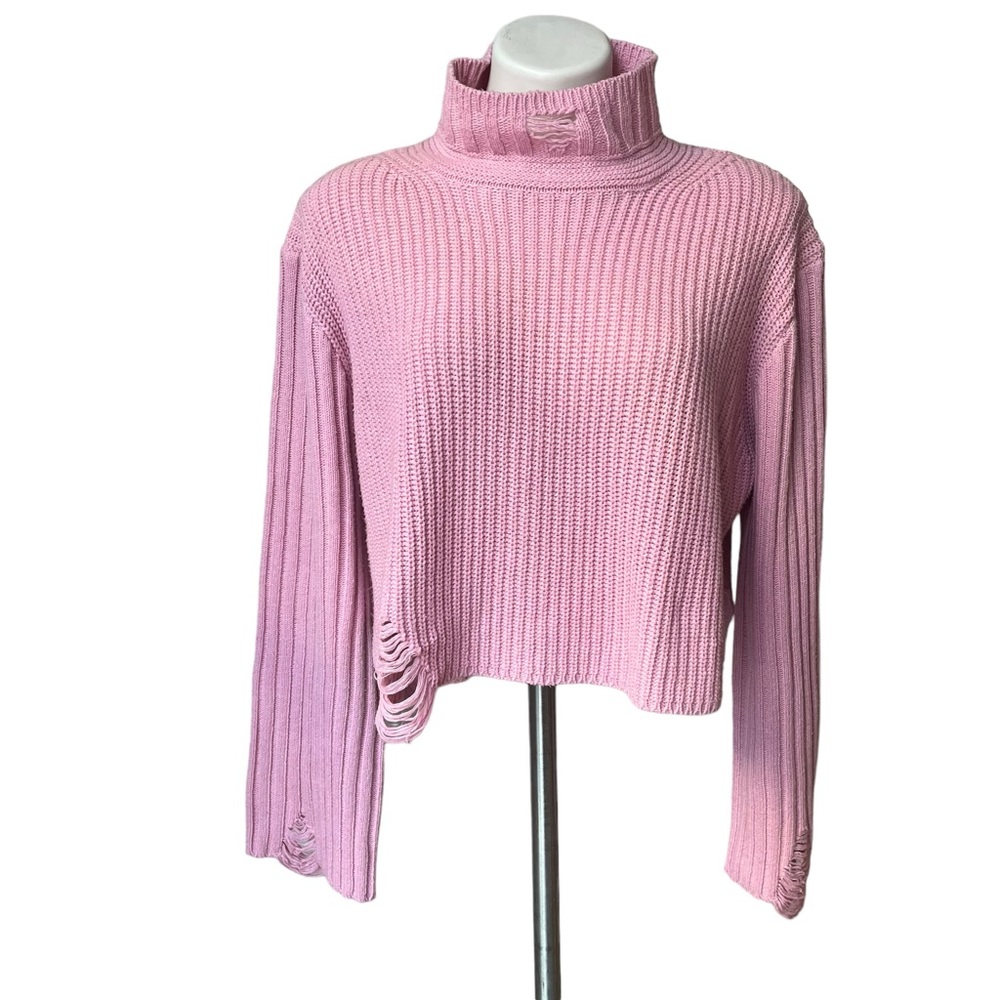POL Chunky Mock Turtleneck Wide Sleeve Cropped Hi-Low Hem Distressed Sweater - Picture 1 of 16